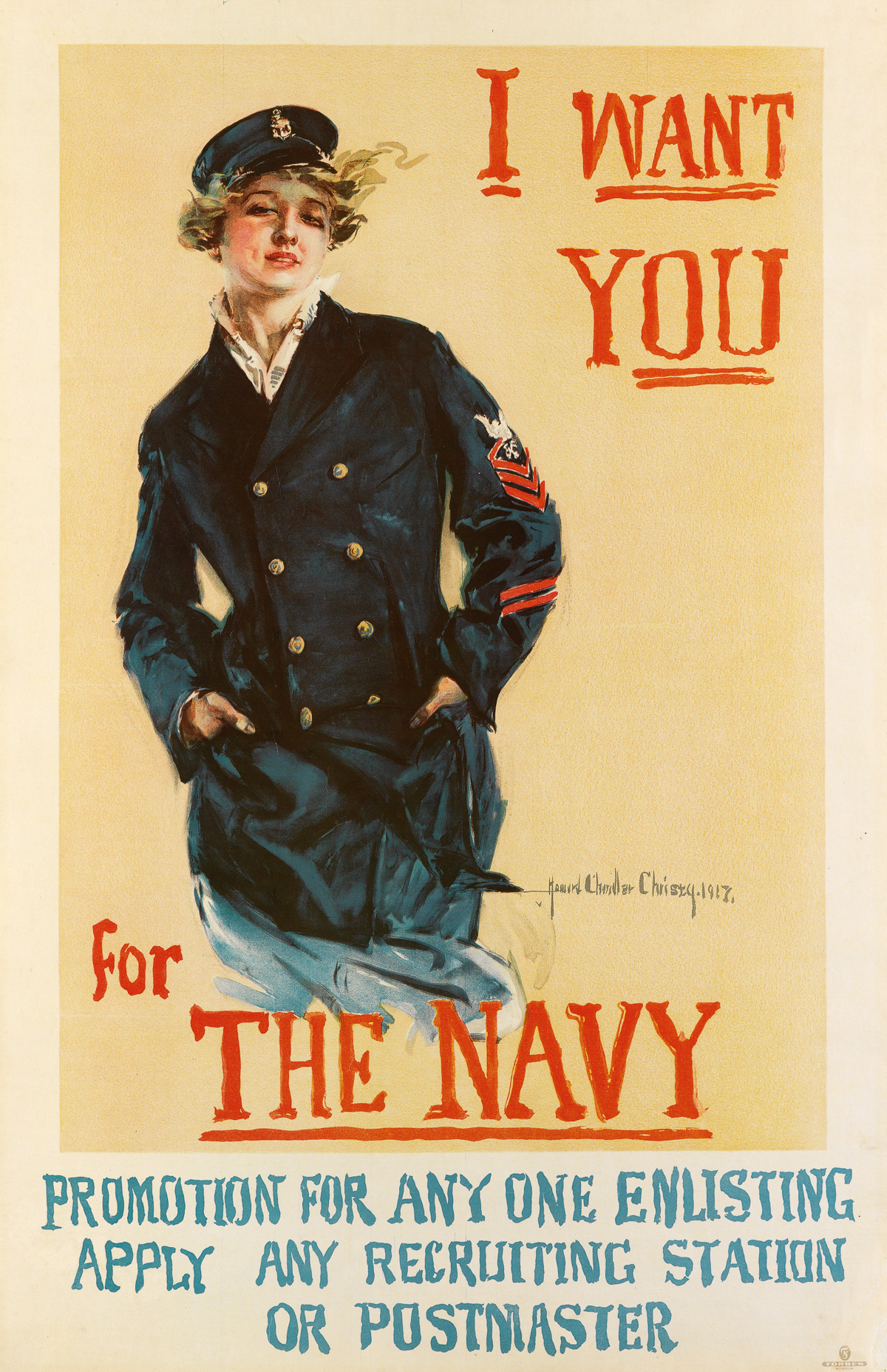 HOWARD CHANDLER CHRISTY (1873-1952). I WANT YOU FOR THE NAVY. 1917. 40x26 inches, 103x66 cm. Forbes, Boston.